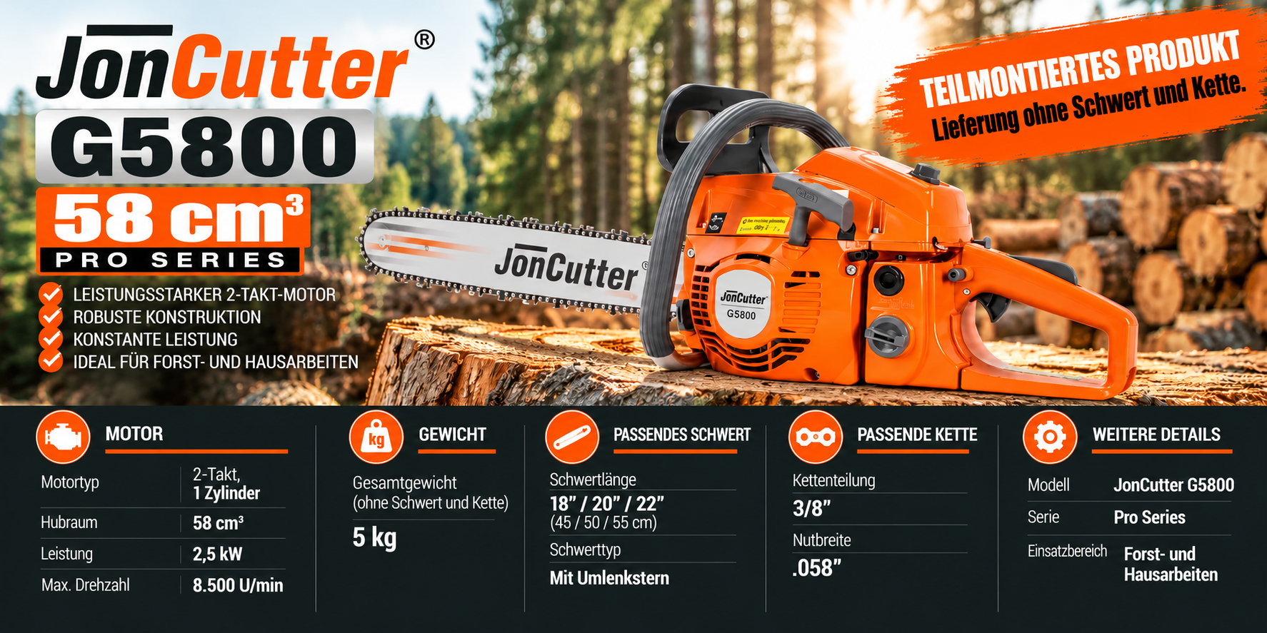 Drujba semiasamblata JonCutter G5800 58cc fara lama si lant